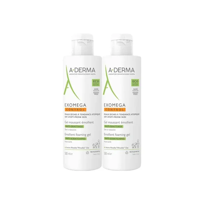 A-Derma Exomega control gel moussant emollient lot de 2x500ml