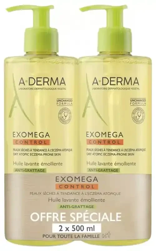 A-Derma Exomega Control Huile Lavante Émolliente Peaux Sèches Atopiques Lot 2 x 500 ml
