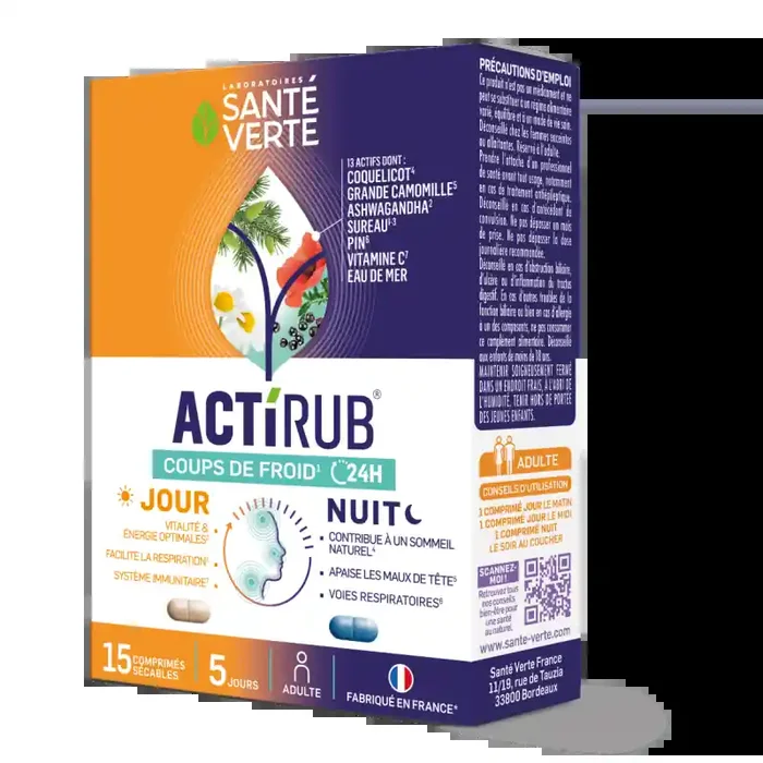 ACTIRUB COUP DE FROID 24H JOUR NUIT 15 COMPRIMES SANTE VERTE