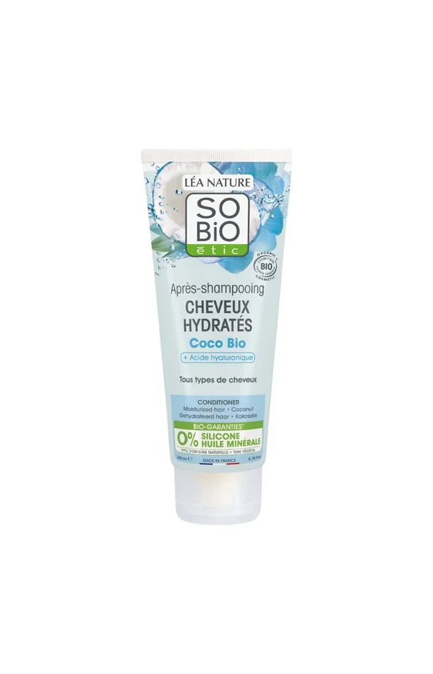 Après-shampoing hydratant bio – Acide hyaluronique & coco – Tous types de cheveux – 200 ml