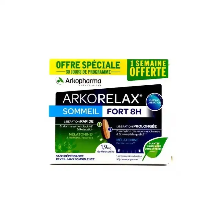 Arkopharma Arkorelax Sommeil Fort 8H Mélatonine Valériane 30 Comprimés