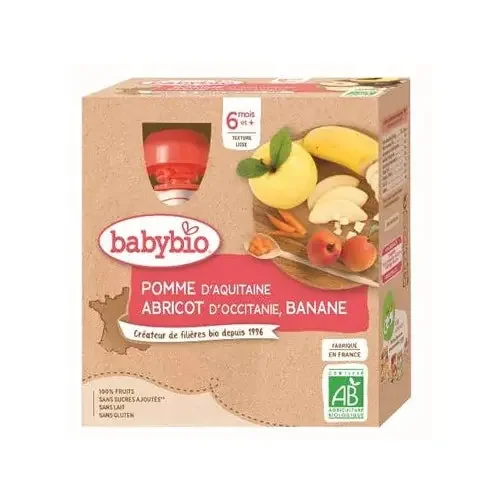 BABYBIO GOURDES FRUITS + 6 Mois Pomme Abricot Banane – 4x90g