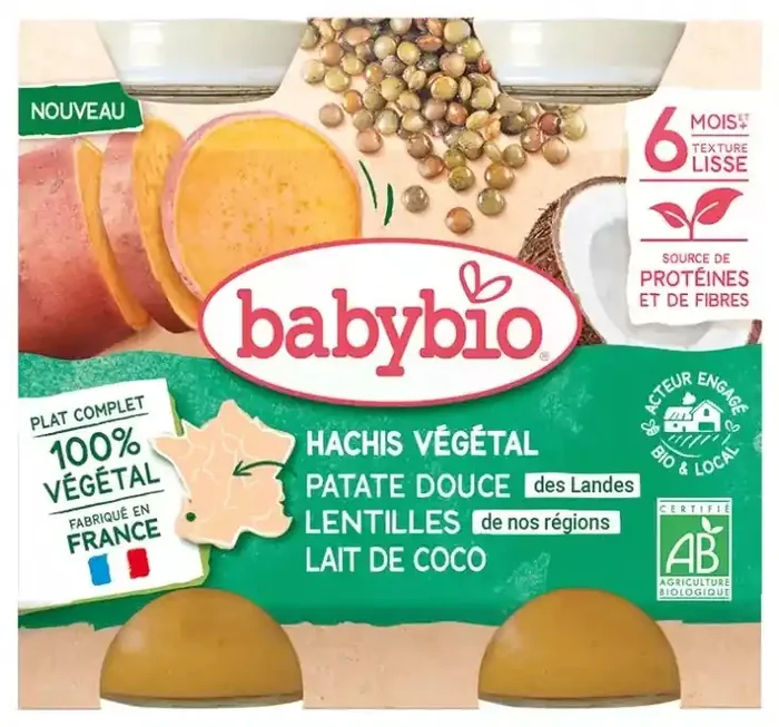 Babybio Hachis Végétal – Patate Douce Lentilles de Nos Régions Lait de Coco 400 g
