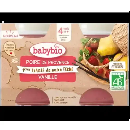 BABYBIO PETITS POTS FRUITS + 4 Mois Poire Fraise Vanille – 2x130g