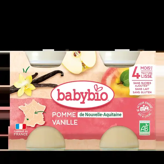 BABYBIO PETITS POTS FRUITS + 4 Mois Pomme vanille – 2x130g