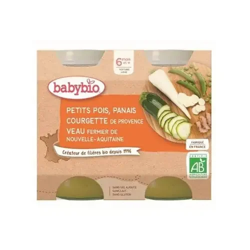 BABYBIO PETITS POTS MENU DU JOUR + 6 Mois Petits Pois Panais Courgette Veau – 2x200g
