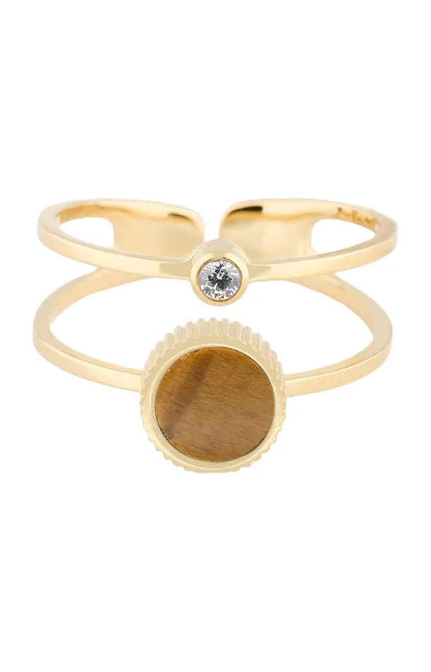 Bague ajustable – Acier inoxydable & cristal – Œil de tigre – Doré & marron