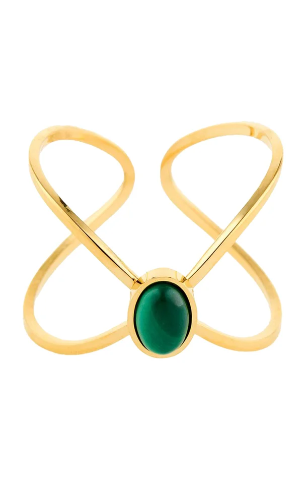 Bague ajustable – Acier inoxydable & malachite – Doré & vert