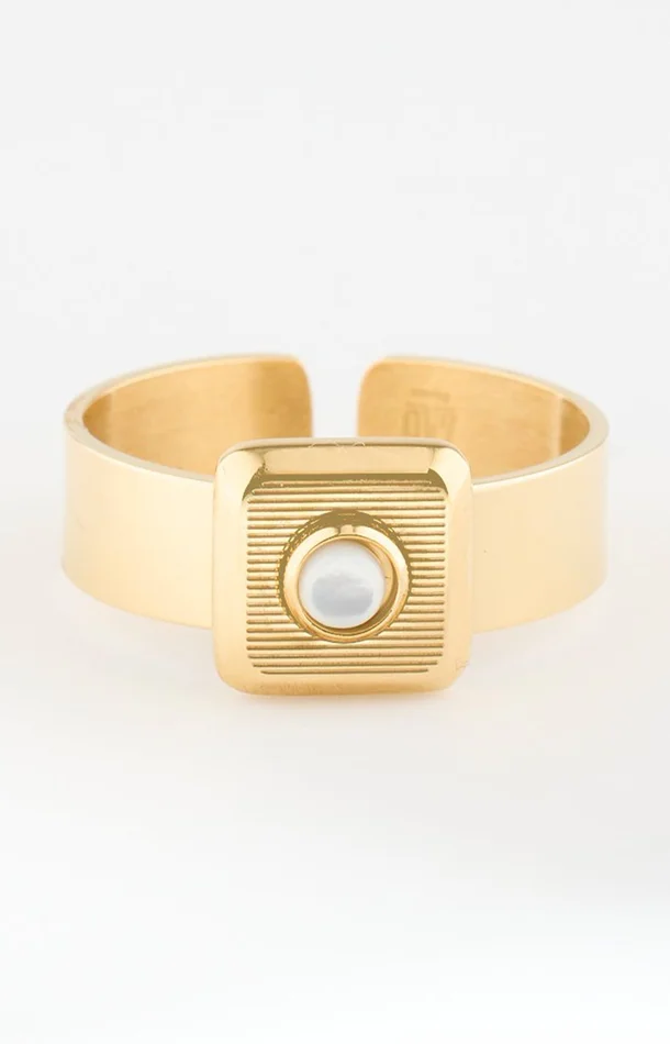 Bague ajustable – Acier inoxydable & nacre – Doré & blanc