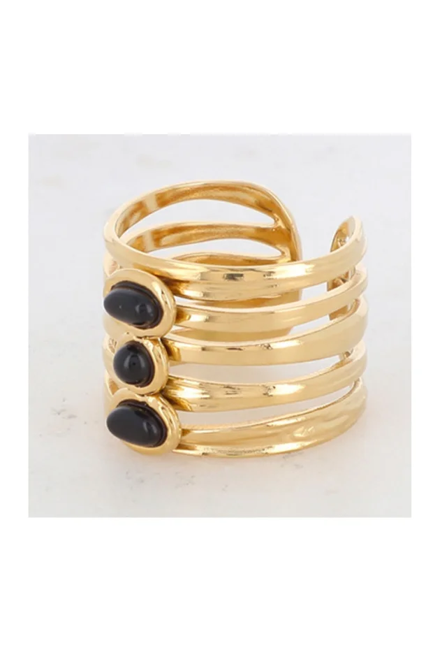 Bague ajustable – Acier inoxydable doré & onyx noir