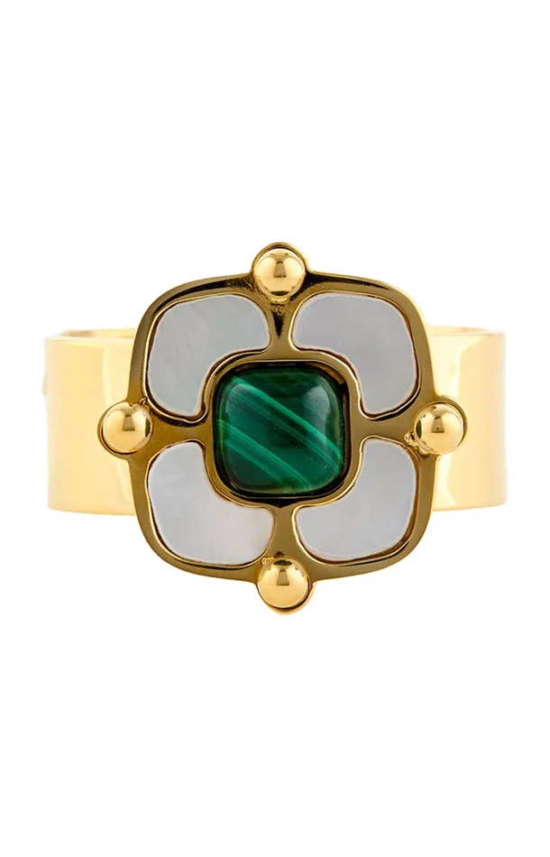 Bague ajustable – Acier inoxydable, nacre & malachite – Doré, gris & vert