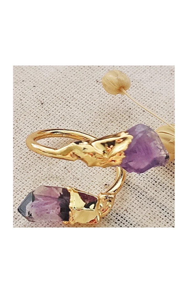 Bague ajustable – Laiton plaqué or & améthyste