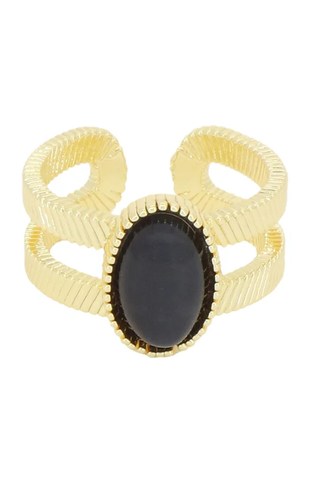 Bague ajustable Kone – Laiton doré & onyx noir