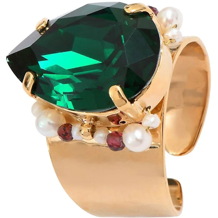 Bague Joyce – Métal doré à l’or jaune, perles & cristaux verts