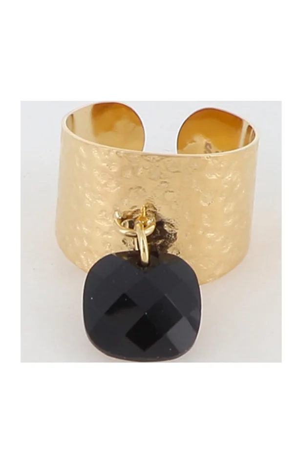 Bague martelée – Acier inoxydable doré, pampille carrée & pâte de verre noir
