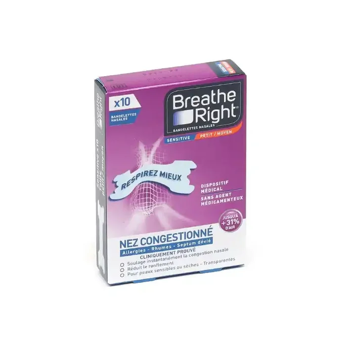 BANDELETTES NASALES SENSITIVE FORMAT PETIT-MOYEN X 10 BREATHE RIGHT