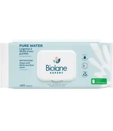 Biolane Expert Lingettes Pure Water Lot de 3 x 60 Lingettes