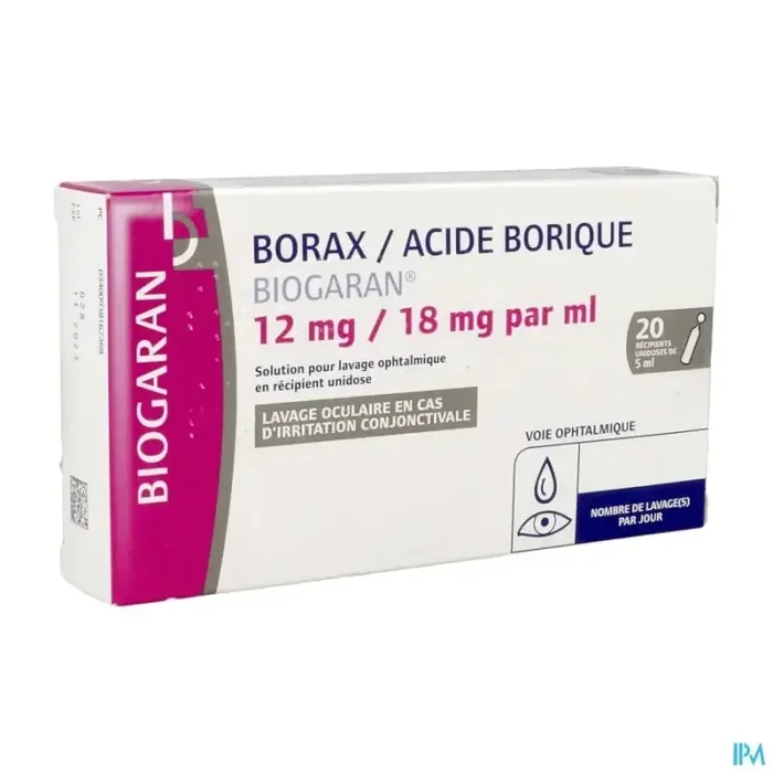 Borax acide borique biogaran 12mg/18mg/ml solution pour lavage ophtalmique 5ml 20