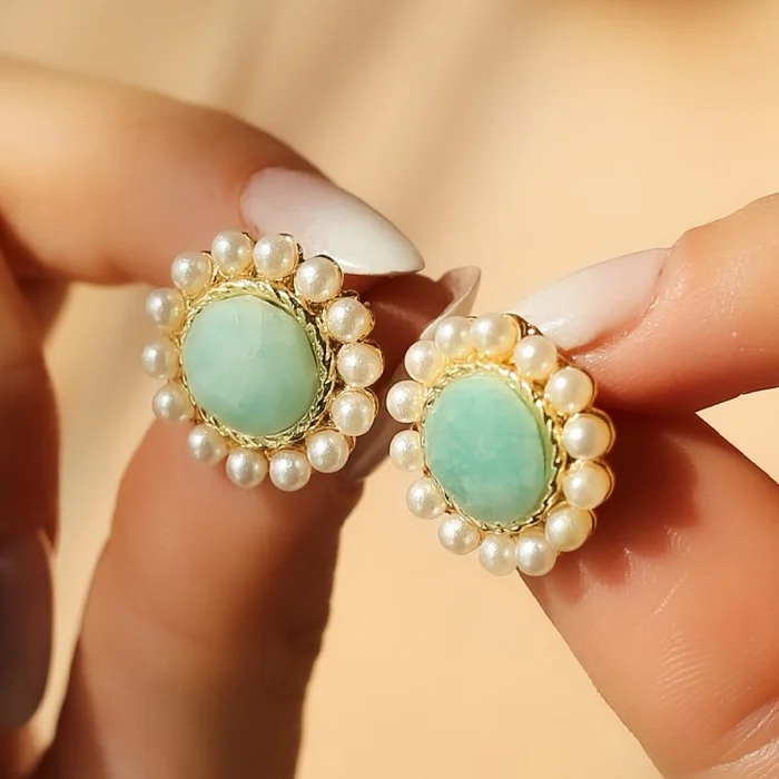 Boucles d’oreilles – Laiton plaqué or, amazonite & perle