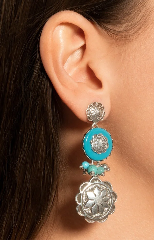 Boucles d’oreilles Amazones – Métal argenté & turquoise