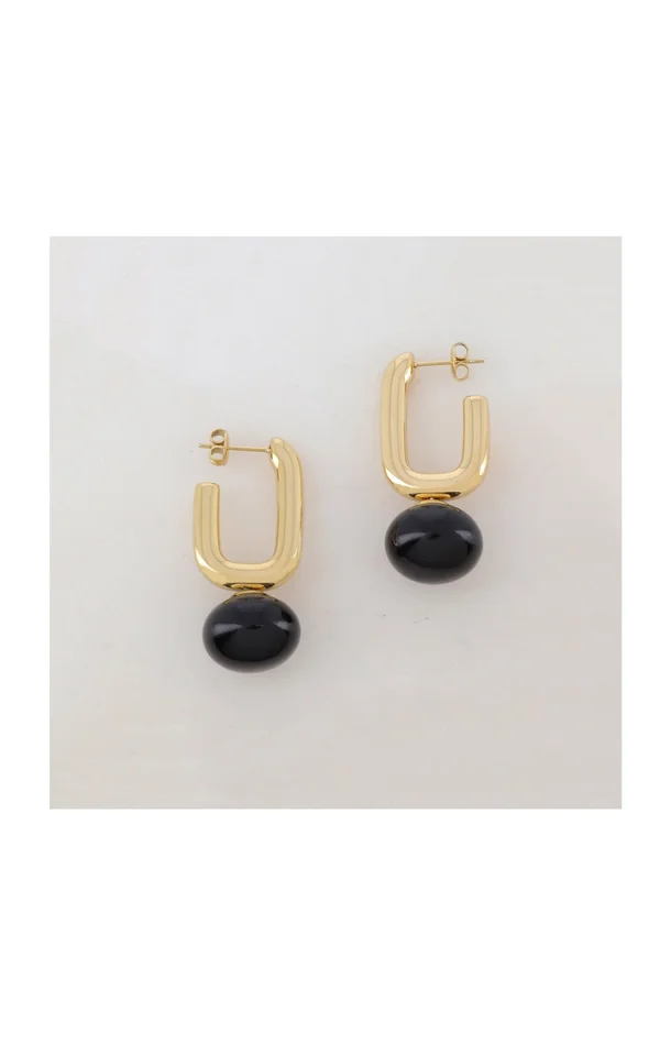 Boucles d’oreilles type créoles à puce en forme géométrique – Acier inoxydable & résine – Doré & noir