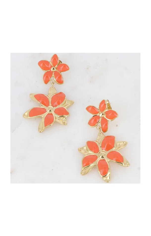 Boucles pendantes Magnolia – Acier inoxydable doré & fleur brique