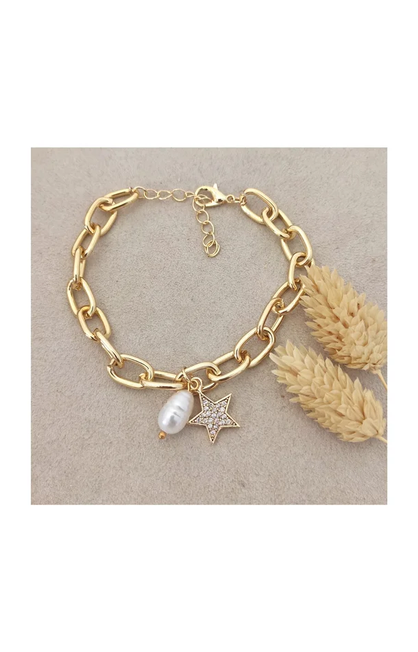 Bracelet – Laiton plaqué or, perles synthétiques & zirconiums