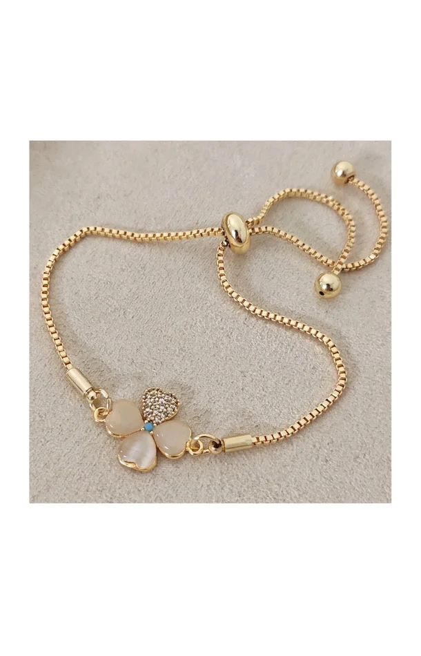 Bracelet chaîne & trèfle – Laiton plaqué or & nacre blanche