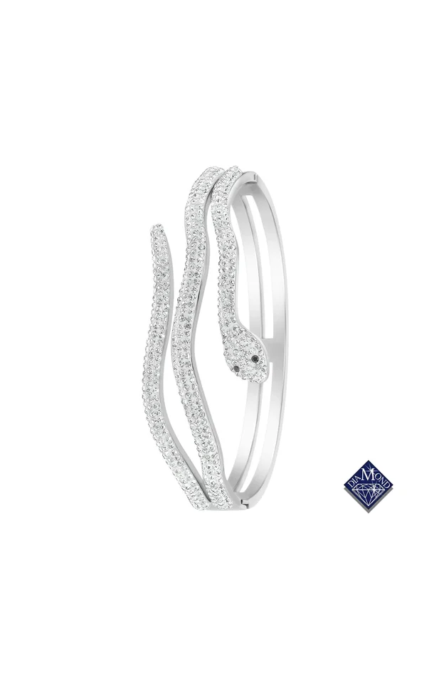 Bracelet serpent – Acier inoxydable, cristaux & 2 diamants noirs – Argenté