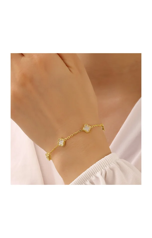 Bracelet trèfles – Argent 925/000 plaqué or & nacre – blanc