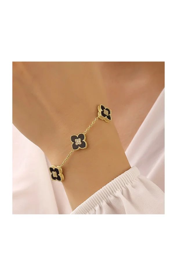 Bracelet trèfles doré – Argent 925, nacre noire & zircon