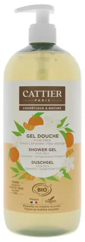 Cattier Gel Douche Sans Sulfate Aloe Vera Parfum Clémentine Fleur d‘Oranger Bio 1 L