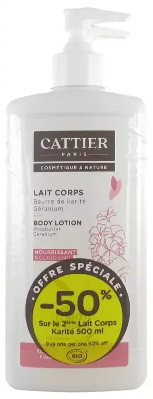 Cattier Lot de 2 Laits Corps Karité/Géranium 5Ooml – 50% Sur le Second