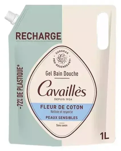 Cavaillès Gel Bain et Douche Fleur de Coton Peaux Sensibles Éco-Recharge 1 L