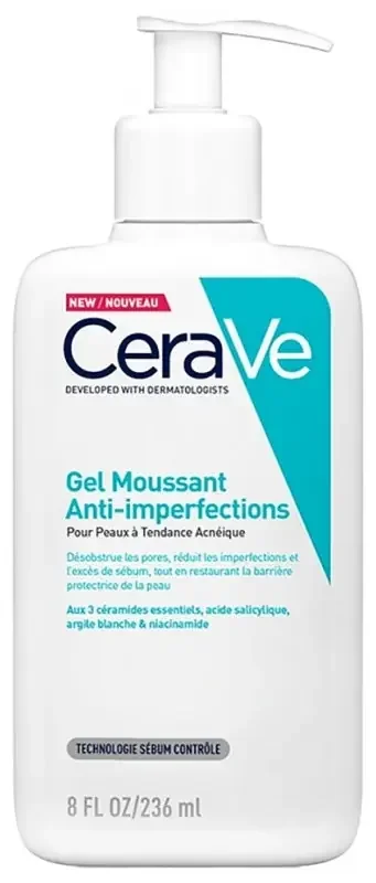 Cerave Acné Gel Moussant Anti-Imperfections 236 ml à l‘Acide Salicylique et Aux 3 Céramides Essentiels Pour Peaux à Imperfections et à Tendance Que