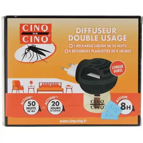 CINQ SUR CINQ Diffuseur Electrique Anti-Moustiques Double Usage + 4 Recharges Plaquettes de 8h + 1 Recharge Liquide de 50 nuits pour 30 m3