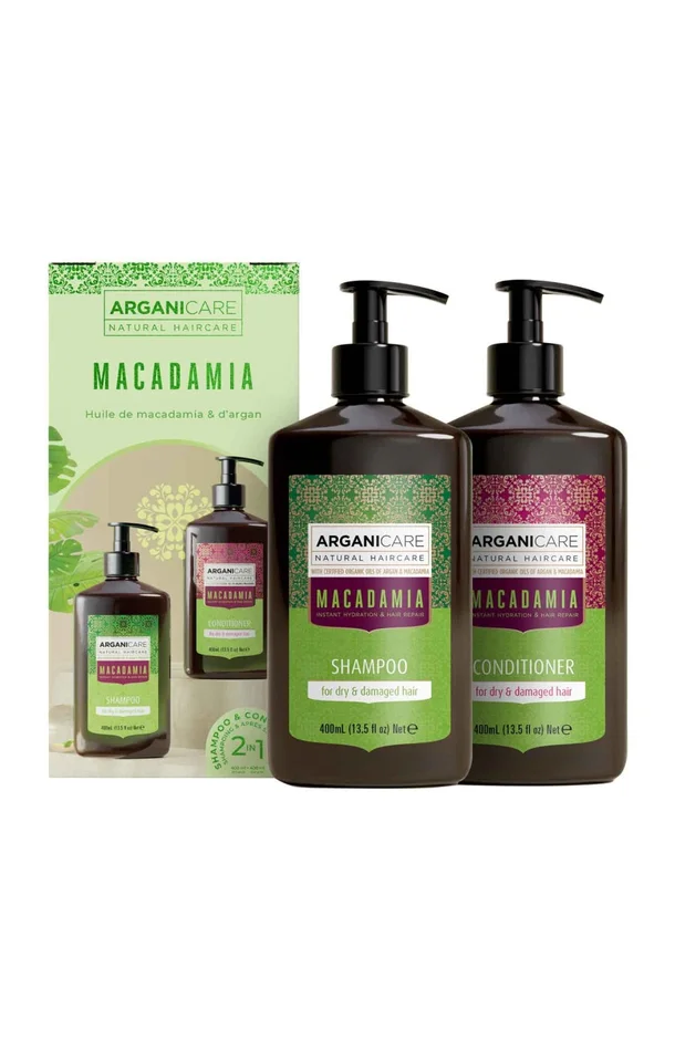 Coffret shampoing & après-shampoing réparation intense – Argan & macadamia – Cheveux secs & abîmés – 5 produits