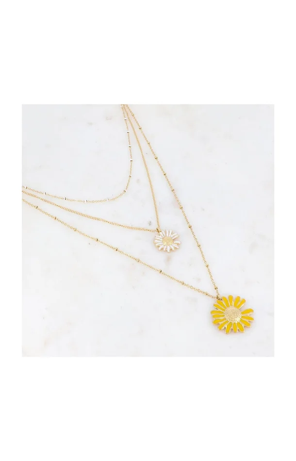 Collier 3 rangs avec fleurs – Acier inoxydable & email – Doré & noir
