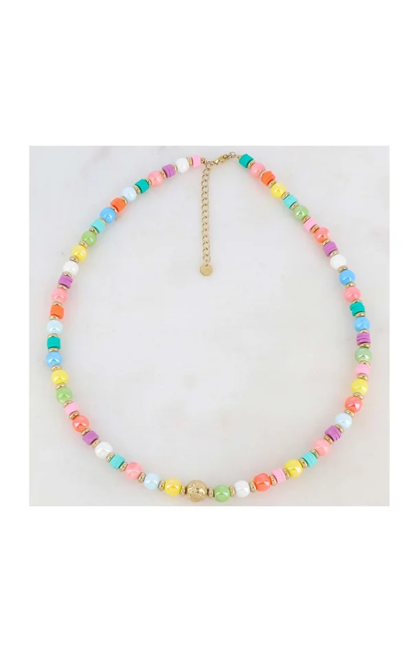 Collier – Acier inoxydable doré, céramique & perles Heishi multicouleur