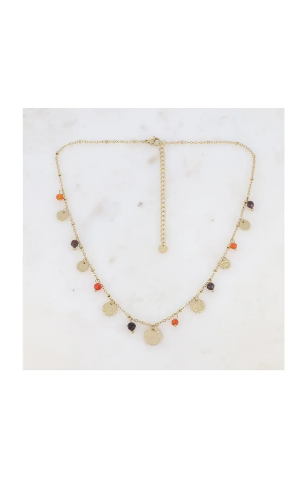 Collier – Acier inoxydable, pierres agates & œil de taureau – Doré, orange & marron