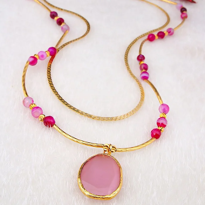 Collier – Laiton plaqué or & quartz rose