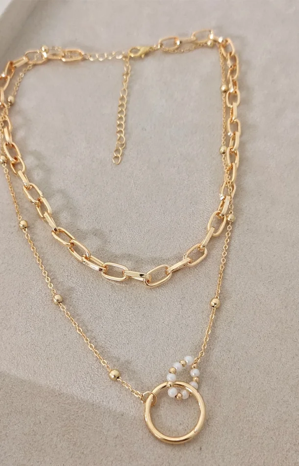 Collier à deux chaînes – Laiton plaqué or & perles