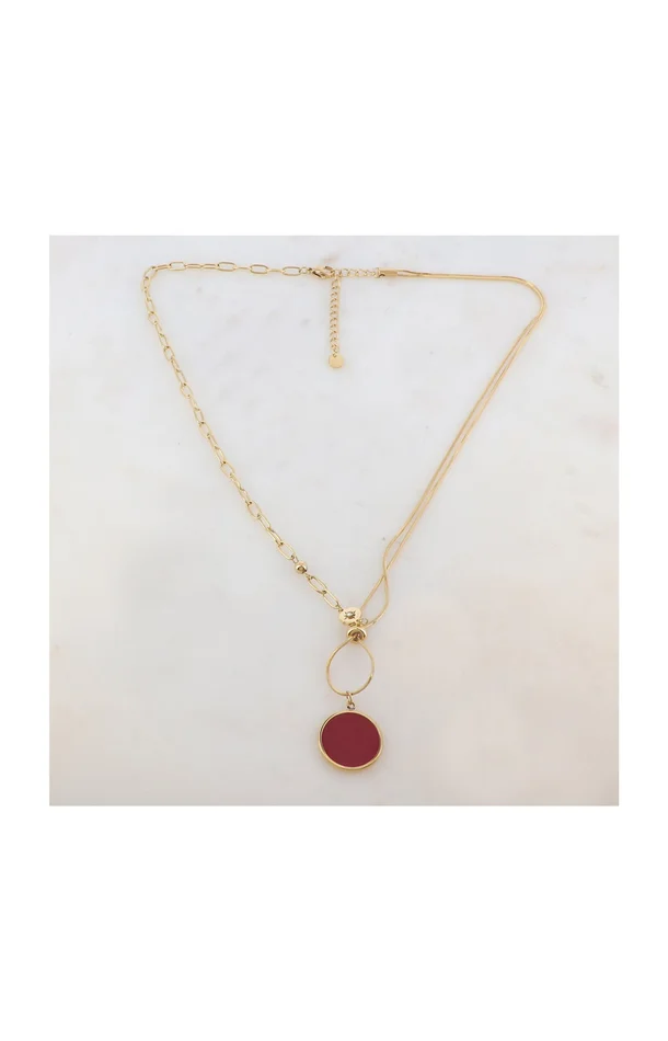 Collier avec pendentif rond – Acier inoxydable, email & strass – Doré & rouge