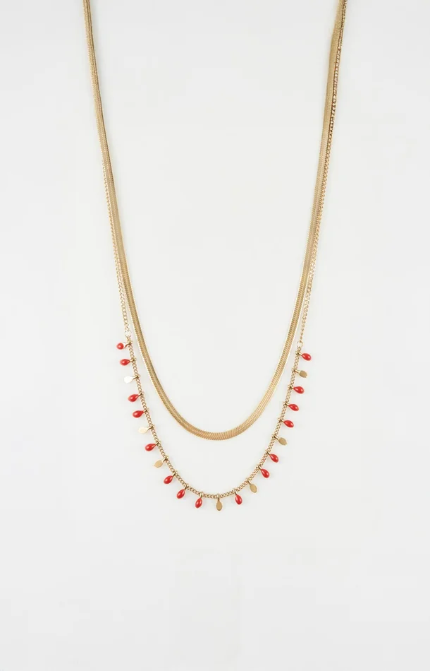 Collier double rang – Acier inoxydable – Doré & rouge