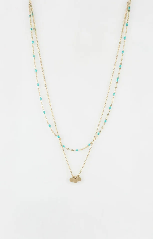 Collier double rang à pendentifs – Acier inoxydable – Doré et bleu
