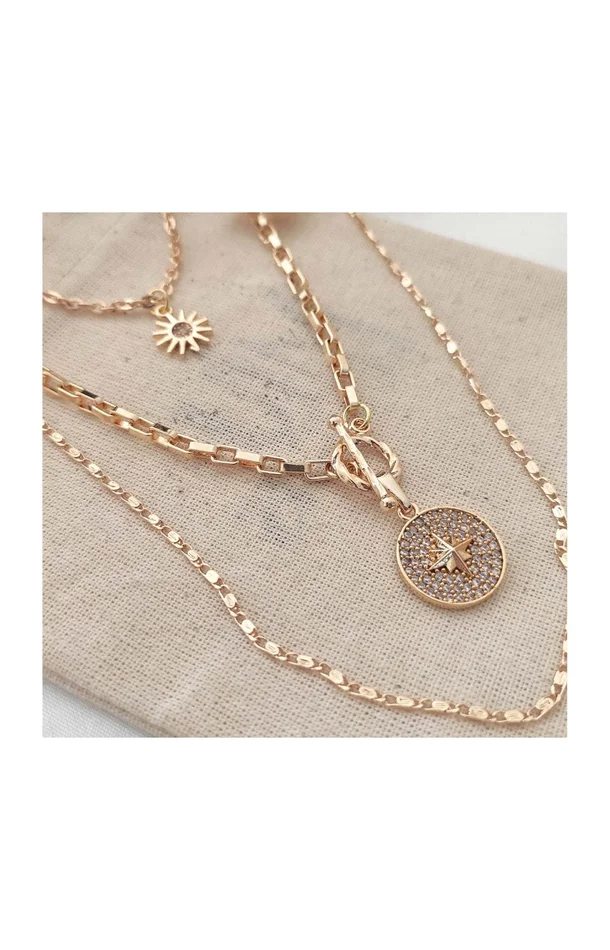 Collier multiple – Laiton plaqué or & zircons