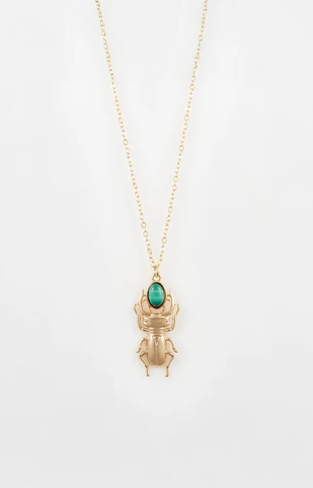 Collier pendentif – Acier inoxydable & malachite – Doré & vert