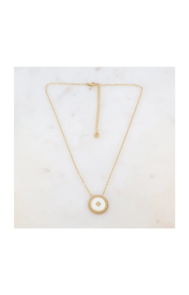 Collier pendentif fleur – Acier inoxydable & email – Doré & blanc