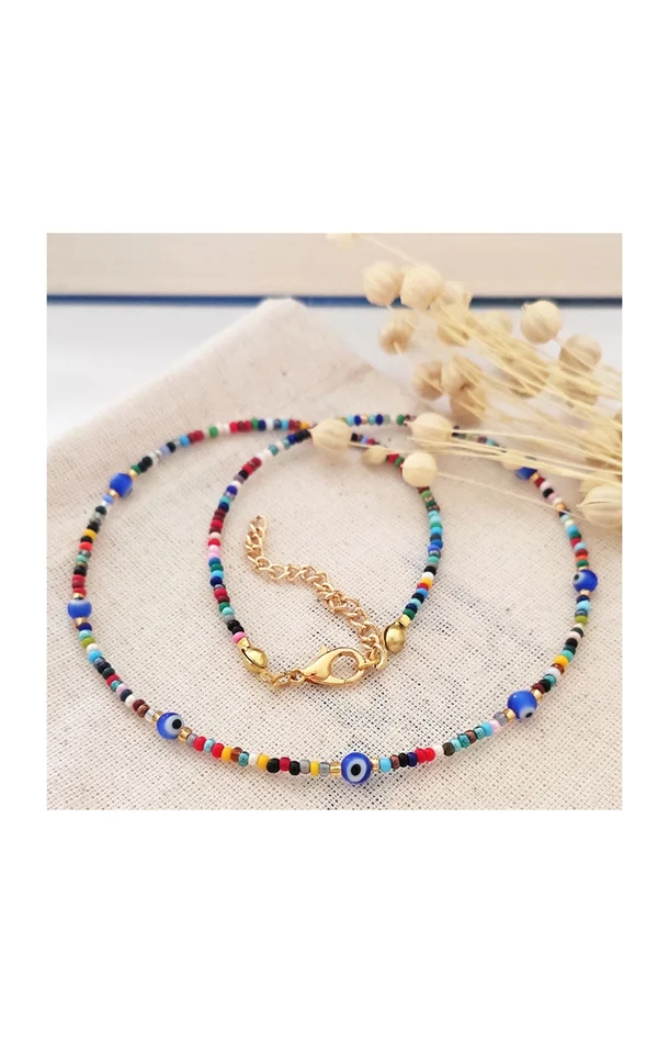 Collier perles & œil bleu – Laiton plaqué or