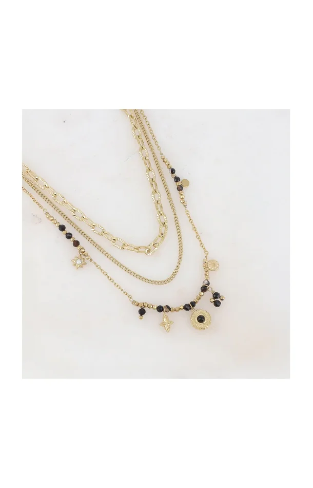 Collier triple rangs – Acier inoxydable, pierres agates & zirconium – Doré & noir